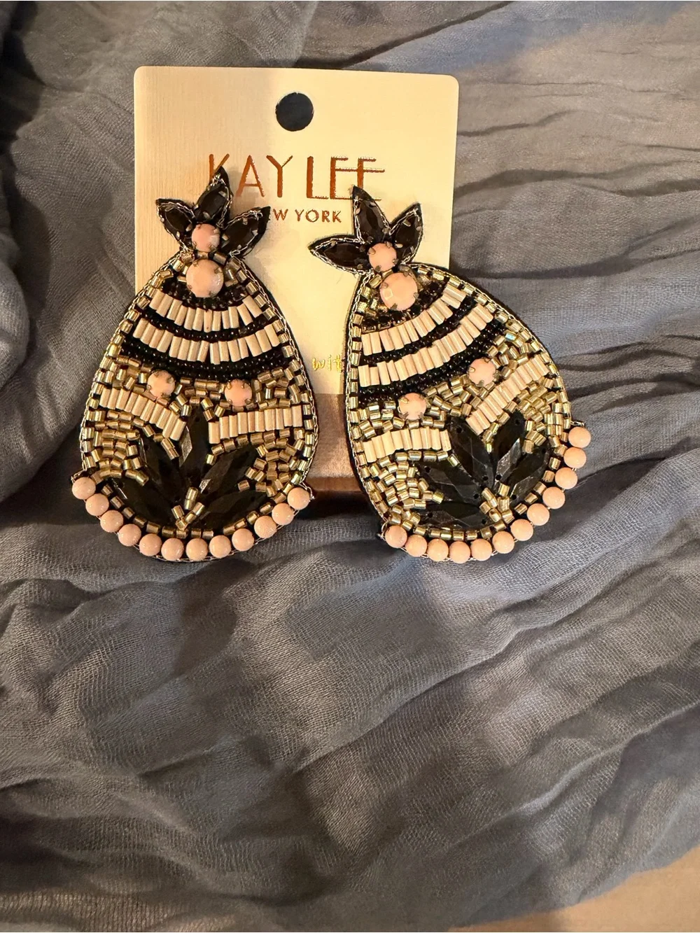 Handmade Kay Lee New York Black light pink and Gold Beaded Teardrop Earrings